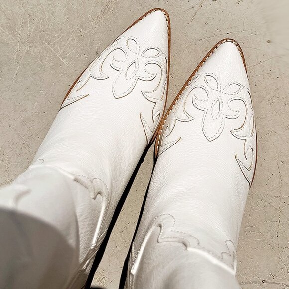 NEW White Western Cowgirl Cutout Applique Pointy Toe Block Heel Mid Calf Boots - Picture 3 of 16